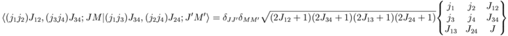 \langle (j_1 j_2)J_{12},(j_3 j_4)J_{34};JM|(j_1 j_3)J_{34},(j_2 j_4)J_{24};J'M'\rangle=\delta_{JJ'}\delta_{MM'}\sqrt{(2J_{12}+1)(2J_{34}+1)(2J_{13}+1)(2J_{24}+1)}\begin{Bmatrix}j_1 & j_2 & J_{12} \\ j_3 & j_4 & J_{34}\\ J_{13} & J_{24} & J\end{Bmatrix}